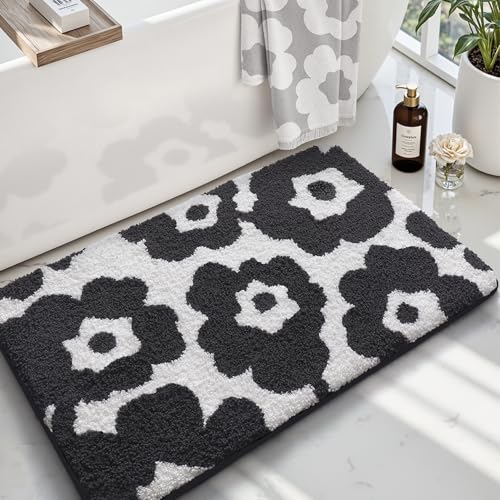 LUMI Bathroom Rugs Cute Floral Design, Soft Absorbent Microfiber Bath Mat Non-Slip, Machine Washable Quick Dry Luxury Rug Flower Black and White for Floor, Bathtub, Home Decor, 20"x32" - color: D-black Flower, size: 20"x32"