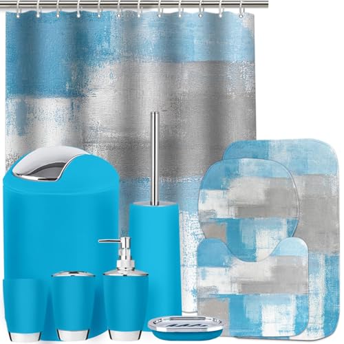 Lnond Blue Bathroom Set, 23-Piece Blue Grey Abstract Bathroom Decor Set with with Shower Curtain and Rugs, Trash Can, Toilet Brush Holder Set & Soap Dispenser - style: Blue Abstract