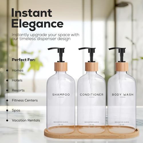 Clear Shampoo and Conditioner Dispenser Set by Brighter Barns - Refillable Plastic Shower Dispenser for Bathroom - Shampoo Bottles & Tray - Modern Bathroom Accessory for Hotel, Vacation Rental (Clear) - color: Clear