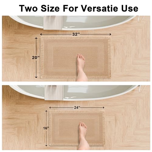 Hiasan Set of 2 Waffle Bath Mat, Super Absorbent Non Slip Bathroom Boho Rug with Tassels, Machine Washable Bath Mats for Bathroom, Ultra Soft Rubber Backed Rug, Loop-Brown, 16" x 24" + 20" x 32" - color: Loop-brown, size: 16" x 24" + 20" x 32"