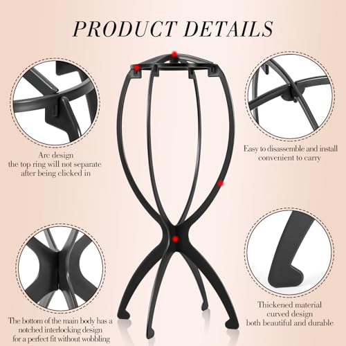 obeoby Wig Stand and Wig Brush Comb Set for Human and Synthetic Hair | 2 foldable stand, 4 gentle detangling combs, 2wig caps, 2 hair clips,for home, salon or travel, little gift for wig lovers