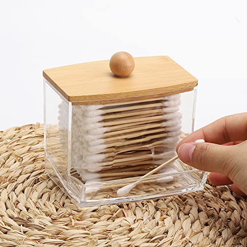 Tbestmax 10oz Qtip Holder Dispenser with Bamboo Lids, Big Clear Bathroom Organizer Accessories Decor for Storage-Qtips Cotton Ball Holder Apothecary Jars, Cotton Swabs, Floss Container - color: 1Pc-Brown
