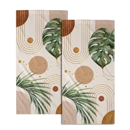 Abstract Boho Palm Leaves Hand Towels for Bathroom Set of 2 Vintage Bohemian Green Leaves Kitchen Towel Mid Century Decorative Fingertip Towel Soft Absorbent Dish Towel for Home Guest Gym Spa 14"x28" - color: Abstract Boho Palm Leaves