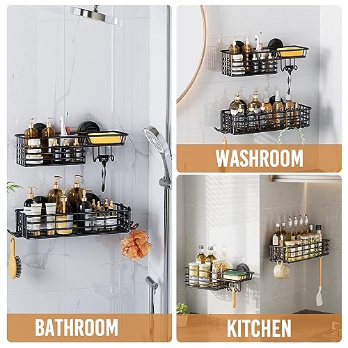 LEVERLOC Shower Caddy Suction Cup, 2 Pack suction shower shelf with Hooks & Soap holder, NO-Drilling Bathroom Holder, Rustproof bathroom organizer, Black - color: 2 X Black