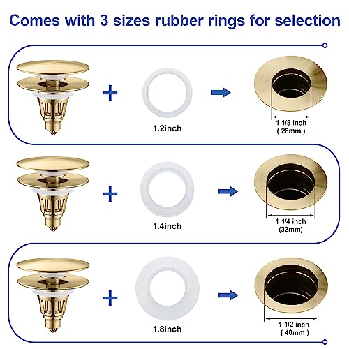 Universal Bathroom Sink Stopper - Pop Up Sink Drain Stopper, Push Button Flixfilter Sink Drain Stopper Replacement, Wash Basin Drain Filter Plug Anti-Clogging Basket, Brushed Gold - color: Gold Brushed, style: Large Cover