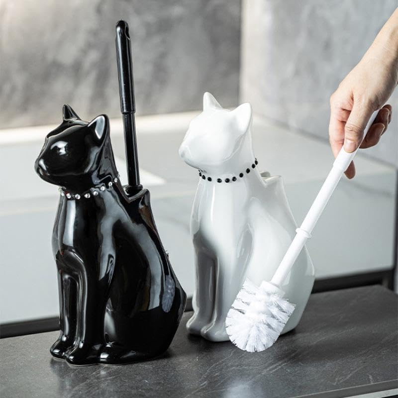 Comeon Ceramic Cat White/Black Toilet Brush and Holder Set, Plastic Handled Scrub Brush for Bathroom Cleaning,10.63"*6.3" (Black) - color: Black, size: Cat