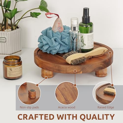 Demigo Acacia Wood Round Tray, 10 in Pedestal Riser Stand for Plant Decor | Farmhouse Countertop Display Board for Soap, Perfume, Candle, Bathroom & Kitchen Organizer Plate - color: Brown
