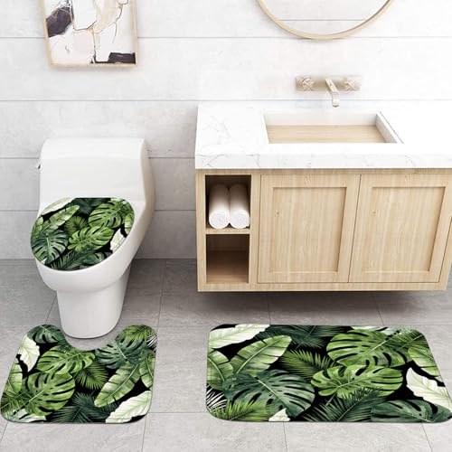 LQCOOL 4Pcs Black Green Shower Curtain Set, Modern Minimalist Bathroom Sets, Abstract Botanical Bathroom Sets with Shower Curtain and Rugs, Tropical Palm Leaves Shower Curtain with 12 Hooks - color: Balck Green