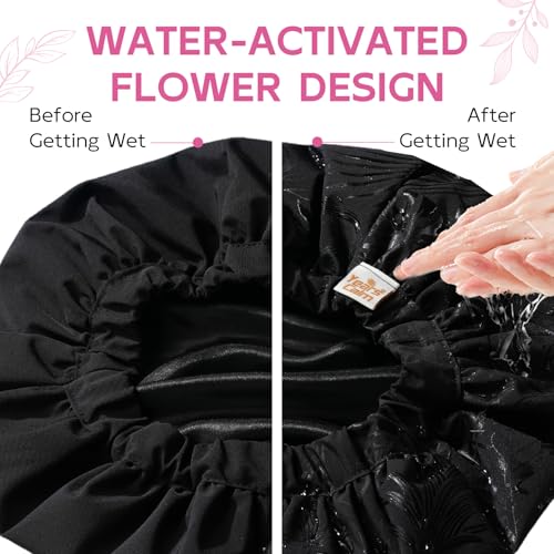 Years Calm Luxury Shower Cap for Women, Color Changing Shower Cap Reusable Waterproof, Flexi Satin Lined, Stylish Hair Cap for Shower, Washable Elastic Band Bath Cap for Long Hair, Braids (Black) - color: Black