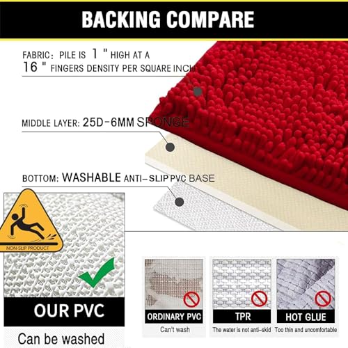 BOANKODU Bathroom Rugs Chenille 3-Piece Extra Soft and Absorbent Shag Bathroom Rugs, Machine Wash Mat, Strong PVC Non-Slip Underside, Plush Carpet Mats (Red) - color: Red, size: 2'8" x 1'8" (16x24"+20x32"+20x20"U shape）