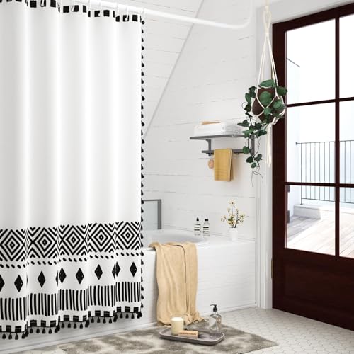 AOFOTO Bohemian Shower Curtain Tassel Boho Black and White Striped Geometric Pattern Shower Curtains for Bathroom Waterproof Bath Curtain Sets with Hooks Bathroom Home Decor 36x72 Inches - color: Black Square, size: 36"W x 72"L (Pack of 1)