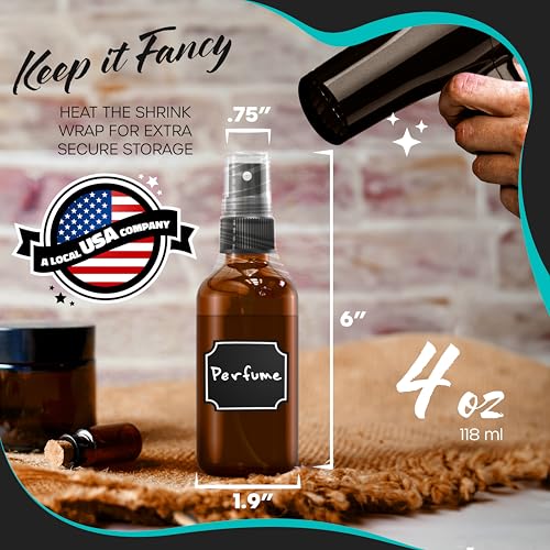 Nevlers Amber Glass Spray Bottles 4 Oz 24 Pack Travel Glass Bottle Sprayer | Small Spray Bottle 4 Oz Set with Shrink Wrap, Funnel, Labels, Brush & Marker | Spritzer Bottles for Hair, Face & More