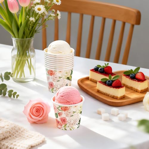 WRAPAHOLIC 3oz Flower Paper Cups - 100 Pack Disposable Bathroom Cups with Pink White Rose Floral Design, Small Mouthwash Cup for Toothbrush Rinse, Home Bathroom, Wedding and Mothers Day - color: Pink White Floral