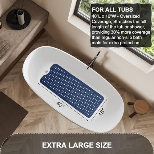 TEESHLY Bath Tub and Shower Mats, Non Slip 40 x 16 Inch Extra Large Bathtub Mat, Machine Washable Bathmat with Drain Holes, Suction Cups for Bathroom Floor, Navy Blue - color: Navy Blue