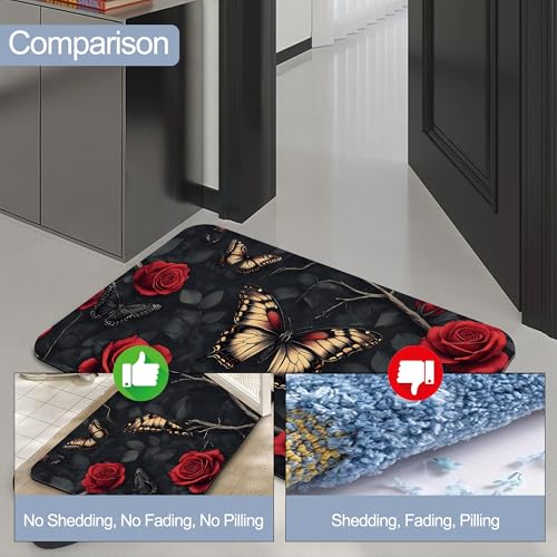 Gothic Butterfly Bathroom Rugs, Non Slip Quick Dry Red Rose Flower Bath Mats for Bathroom, Super Absorbent Diatomaceous Bathmat for Home Kitchen Thin Floor Doormat 17 X 29.5 Inch - color: Gothic Butterfly