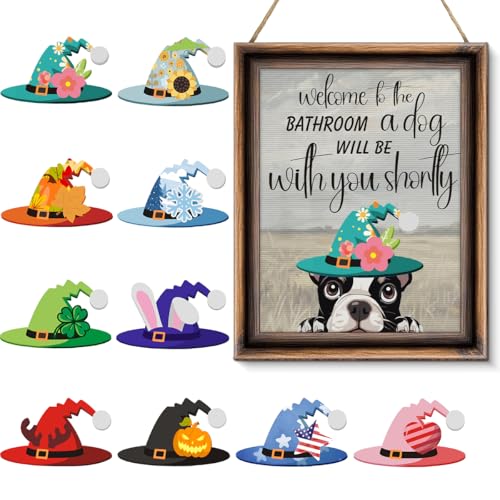 Funny Spring Dog Bathroom Decor - Interchangeable Seasonal Dogs Bathroom Hanging Wooden Sign for Restroom Shelves Toilet Tank Decoration (10 Pcs) - Welcome to the Bathroom - color: Dog welcome