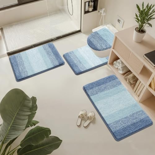 Bsmathom Bathroom Rug Set Bath Rugs Microfiber Non Slip Bathroom Set 4 Piece with Toilet Cover, Washable Absorbent Bath Mat, Dusty Blue - color: Dusty Blue, size: 18"x26"+20"x31"+U20"x24"+Cover19"x21"