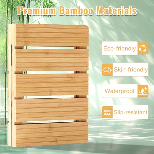Foldable Bamboo Bath Mat for Shower, 19.68" x 14.17" in Non-Slip Wood Bathroom Rug, Quick-Dry Waterproof Carpet for Indoor Outdoor Use by Sink, Tub, Pool - size: 19.7" x 14.2" (Rectangular)