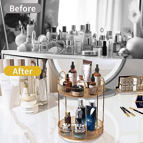 Asayuee 360 Rotating Gold Makeup Organizer,2 Tier Large Capacity Rotating Makeup Organizer,SkincarePerfume Organizer,Bathroom Cosmetics Storage Organizer Countertop (Gold-2 Tier) - color: Gold, size: 2 Tier