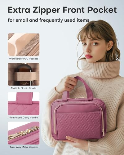 HOTOR Hanging Travel Toiletry Bag Women Men, Rosewood-Pink, Large | Waterproof Makeup Bag Hanging Hook,Multiple Pockets,Travel Essentials,12.6 x 4.3 x 9.9inches - color: Rosewood-Pink, size: Large