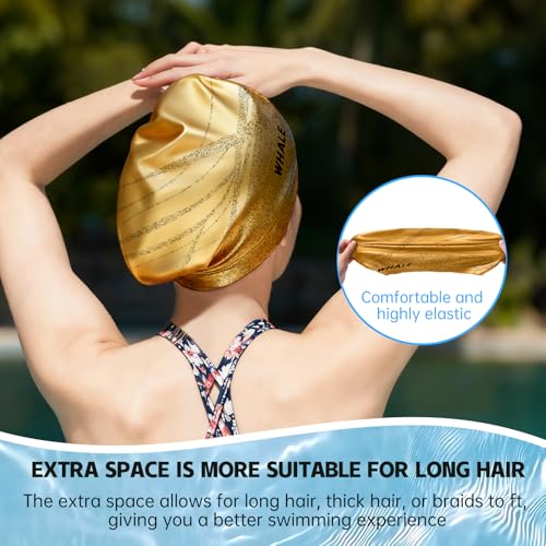 WHALE Extra Large Swim Cap Designed for Men and Women with Thick, Long Hair, Hair Extensions Or Afro-Textured Hair Long-Hair Swim Cap Highly Waterproof to Keep Hair Dry - color: Gold