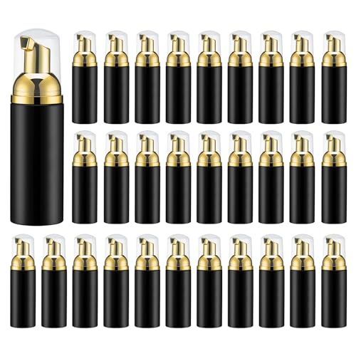Travel Foam Pump Bottle - 2oz Small Size Foaming Hand Soap Dispenser - Mini Portable Mousse Lash Shampoo Kit Container for Hair - Empty Leak Proof Plastic Gold&Black Foamer 30Pack - color: Gold+black