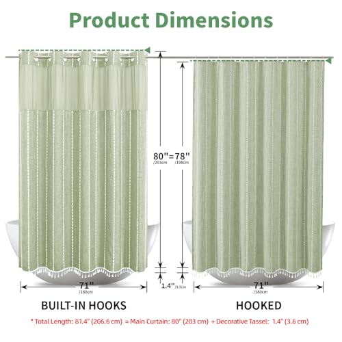 eachope No Hook Long Shower Curtain Set with Snap-in Fabric Liner,Linen Ultra Thick Fabric with Tassels,Boho Chic Modern Farmhouse Country Neutral Cloth Shower Curtains for Bathroom,Sage Green,71x80 - color: Sage Green, size: 71"W x 80"L (Pack of 1)