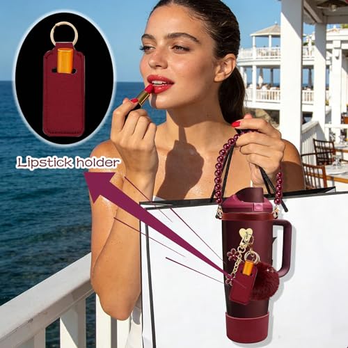 Compatible for Owala Accessories Bundle: Silicone Boot for FreeSip Sway 30oz & 40oz Bottles, Charms, Pearl Handle Strap, Rubber Bottom & Decorative Add-ons - color: Black cherry