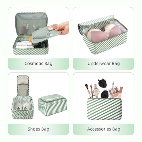 BAGAIL 8 Set Packing Cubes Luggage Packing Organizers for Travel Accessories-White and Matcha Stripe - color: White and Matcha Stripe, size: 8 Set