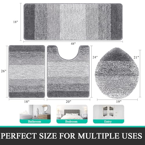 Bsmathom Bathroom Rugs Sets 4 Piece, Soft Absorbent Microfiber Bath Rugs with U-Shaped Contour Toilet Rug and Toilet Lid Cover, Thick Non-Slip Plush Shaggy Bath Mat Set,Grey - color: Grey, size: 18"x26"+18"x48"+U20"x24"+Cover19"x21"