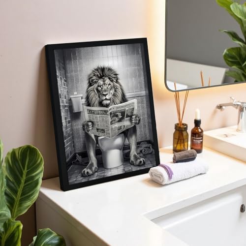 Urmoya Black and White Funny Majesty Lion Bathroom Wall Art, Animal Picture Bathroom Canvas Wall Decor, Majesty Lion on Toilet Reading Newspaper Modern Humor Painting Art Prints 8x10 Inch Wood Framed - color: Lion, size: 10"L x 8"W