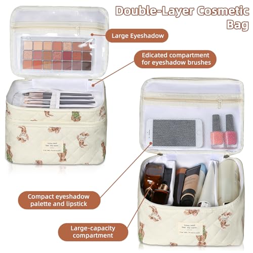 Gosect Makeup bag, Large Cosmetic Bag for Women Girls, Cute Quilted Makeup Bags, Floral Coquette Aesthetic Toiletry Bag, Travel Make Up Organizer Bag (Bear) - color: Bearr