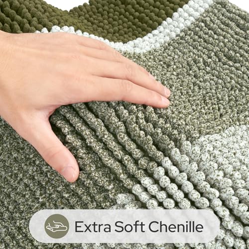 HOMEIDEAS Sage Green Bathroom Rugs, 2 Piece Thick Absorbent Fluffy Striped Chenille Bath Rugs Set, Non Slip, Soft Shaggy Bath Mats for Green Bathroom Decor, 20" x 32" Plus 17" x 24" - color: Sage Green