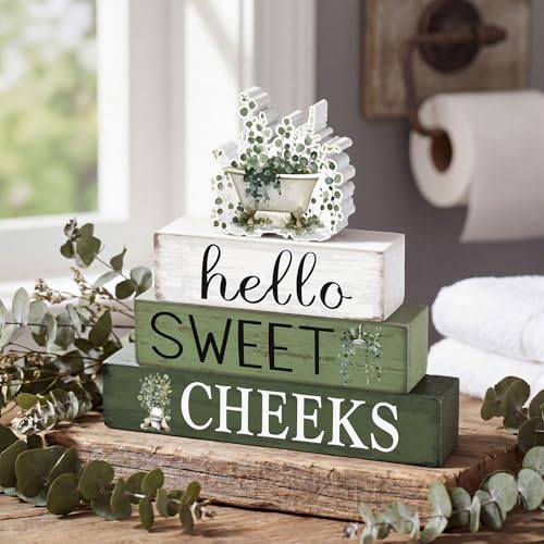Cinnvoice 4 Pcs Eucalyptus Bathroom Decor Farmhouse Bathroom Decoration Hello Sweet Cheeks Table Centerpiece Gift for Christmas Valentines Back to School - style: Eucalyptus Hello Sweet Cheeks