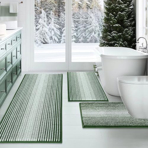 BSICPRO Bathroom Rugs Sets 3 Piece, Toilet Rugs U-Shaped Contour Bath Mat Set, Long Striped Absorbent Non Slip Chenille Shower Mat, Hunter Green - color: Hunter Green, size: 20"x47"+16"x24"+ U Shape 20"x24"