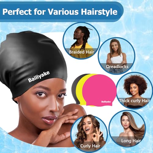 3 Pack Extra Large Swim Cap for Braids & Dreadlocks - Waterproof Silicone Swim Hat for Women with Long Thick Hair, Protective Swim Cap Cover Ears for Swimming, Shower, Bathing - color: Black+Pink+Yellow