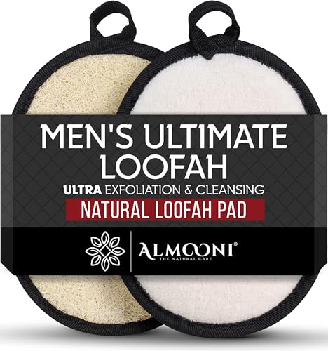 Almooni Natural Exfoliating Loofah for Men, Lightly Abrasive Egyptian Loofah Body Scrubber for Men, Dual-Sided with Cotton Back, Hand Strap, Black, 2-Count - style: Black