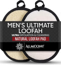 Almooni Natural Exfoliating Loofah for Men, Lightly Abrasive Egyptian Loofah Body Scrubber for Men, Dual-Sided with Cotton Back, Hand Strap, Black, 2-Count - style: Black