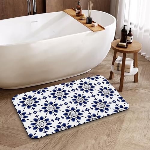 Navy Blue Geometric Bathroom Mat, Non Slip Rubber Backed Fast Dry Bath Rug, Thin Bath Mat for Bathroom Kitchen 17"x30" - color: Navy Blue Geometric
