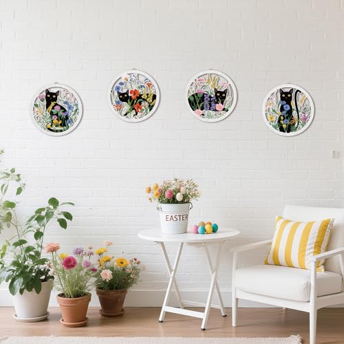 HPNIUB Funny Black Cat Wall Decor,Farmhouse Floral Wooden Signs,4 Pieces 10''x10'' Colorful Botanical Kitten Wall Art,Plant Cat Wood Plaque Home Decor for Pet Shop,Nursery,Lovely Cat Gifts - color: Black Cat&floral