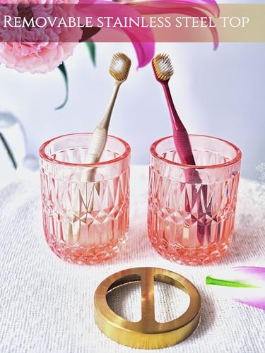 LaMarriti 5pcs Pink Bathroom Accessory Set, Clear Glass Bathroom Set, Soap Dispenser and Toothbrush Holder Set, Soap Dish, Tumbler, Qtips Holder for Crystal Modern Bathroom Decor, Set - style: Pink