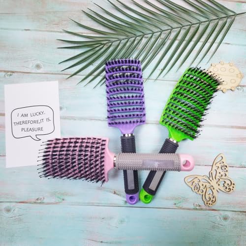 3 Pack Detangling Brush Getting Knots Out without Pain Adds Shine and Makes Hair Smooth, Detangler Boar Bristle for Adult & Kids Wet or Dry Hair(Pink/Purple/Green)