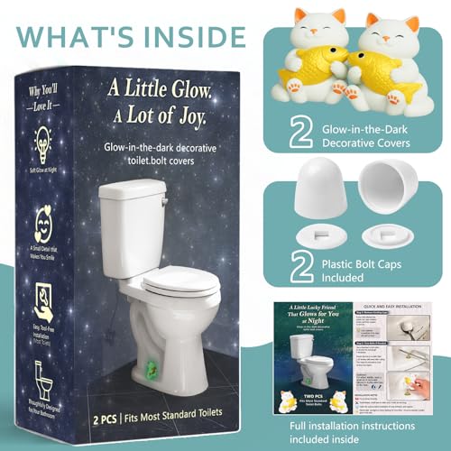 boeemi Cat Toilet Bolt Covers Glow in the Dark Decorative Caps 2 Pack | Bolt Hole 1.14'', Covers Ugly Toilet Bolts, Fun Bathroom Decor for Cat Lovers, Glows in the Dark After Light Exposure - style: White Cat