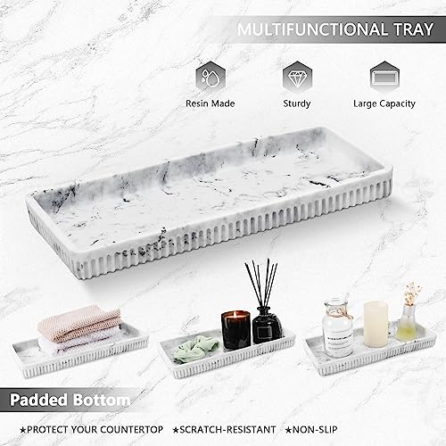 XLHOMO Resin White Marble Bathroom Accessories Set 5 Pcs, Lotion Soap Dispenser, Toothbrush Holder, Bathroom Tumbler, Qtip Holder and Vanity Tray, Bathroom Countertop Organizer Set for Home Apartment - color: Marble White, size: Resin Bath Set