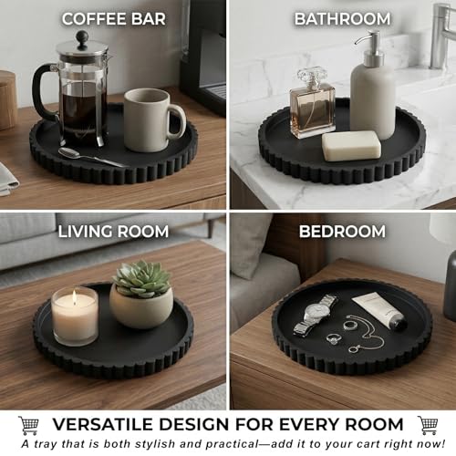 Round Silicone Vanity Tray Matte Black 12 Inch Scalloped Organizer | Decorative Tray for Bathroom Counter, Perfume Candle Soap Makeup Vanity Centerpiece Dresser Living Room Decor-12 x 12 x 0.8" - size: 12"