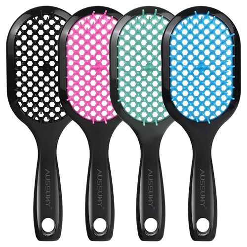 4 Pack Vented Detangling Hair Brush - Detangler Hairbrush with Soft Bristles for Effortless Tangle Free - Ideal for Wet Dry or Curly Damaged Hair for Women Men Kids - color: Black+Pink+Green+Blue