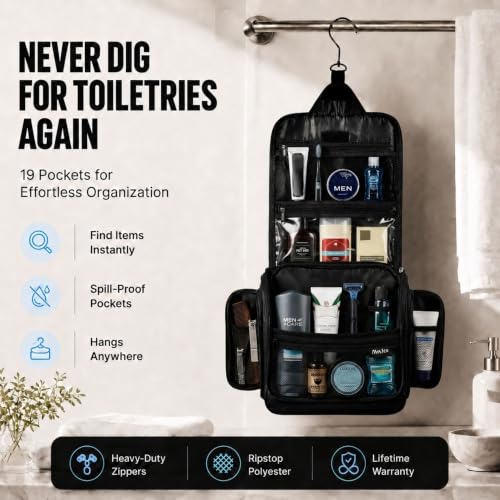 AvaJex Travel Toiletry Bag for Men - Large Dopp Kit (10.6"x10.6"x3.2") - Hanging Waterproof Mens Hygiene Organizer Bag with XXL Metal Swivel Hook, Sturdy Zippers and 19 Compartments for Toiletries - color: L Jet Black