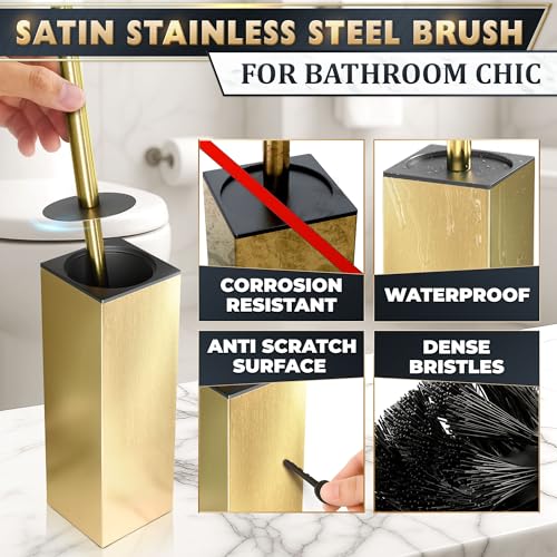 Stainless Steel Toilet Brush and Holder Set Gold & Square Design - Corrosion and Scratch-Resistant Gold Toilet Brush and Holder Set with Splash Protection - for Deep & Effective Bathroom Cleaning - color: Gold Square