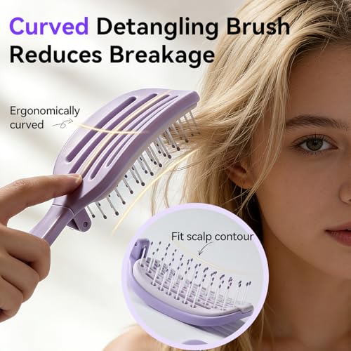 Self Cleaning Hair Brush, Curved Vented Detangler Brush for Faster Blow Drying, Anti-Breakage Wet & Dry Hair Brush for Women Men Kids, All Hair Types, Folding Travel Brush, Purple - color: Purple