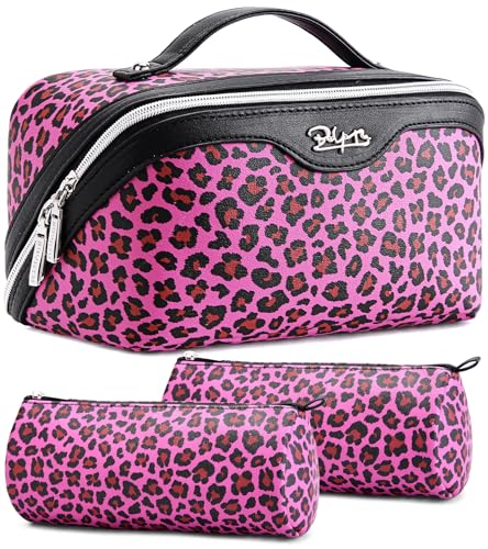 BOYATU Travel Makeup Bags Cosmetic Organizer Bag: 3 Pcs Set Large Capacity Make up Bag with Compartments - Waterproof Leather Toiletry Bags with Handle for Women (B-Red) - color: B-Red